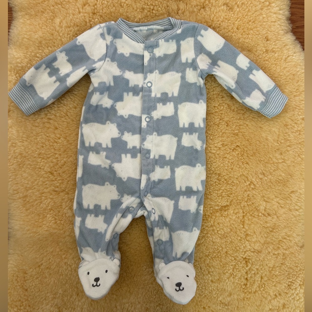 Carter's Fleece Blue and White Polar Bear Footed Onesie size Newborn EUC